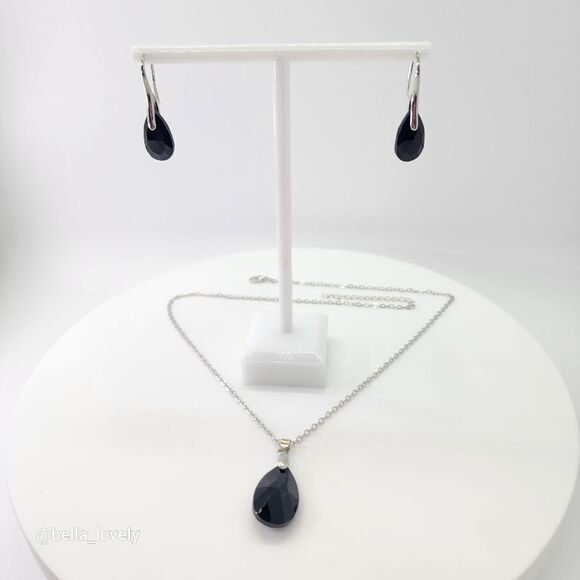 Faceted Teardrop Black Onyx Drop Dangle Earrings and Necklace Jewelry Set - Picture 7 of 7